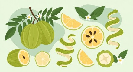 Freshly harvested bael fruits arrangement with leaves and blossoms in a light green palette