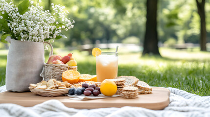 Refreshing picnic spread with fruit crackers juice and delicate white flowers