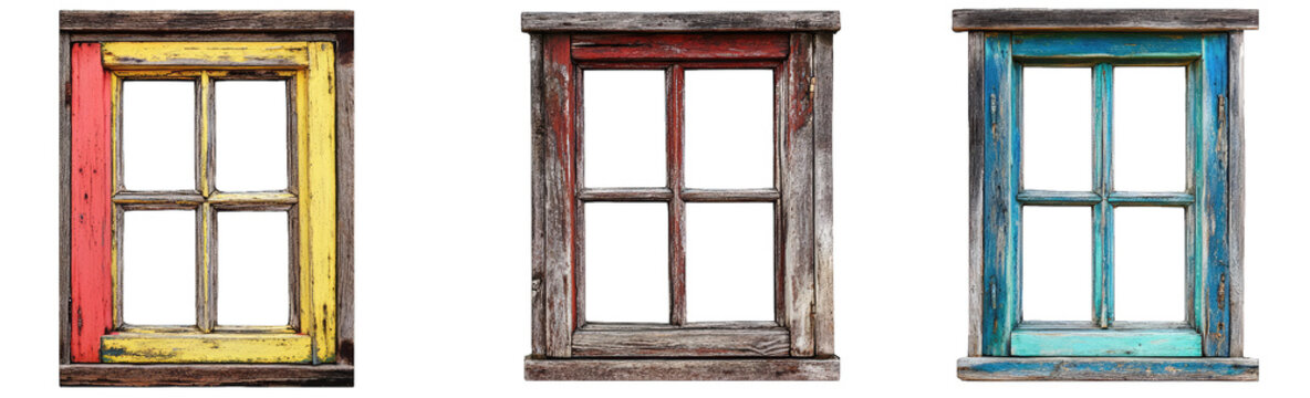 Three Vintage Wooden Window Frames Isolated On A Transparent Background With Different Colors The First Window Is Yellow And Red The Second Is Red And Brown And The Third Is Blue And Green