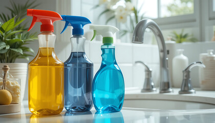Trio of Colorful Cleaning Product Bottles on a Shiny Sink Counter
