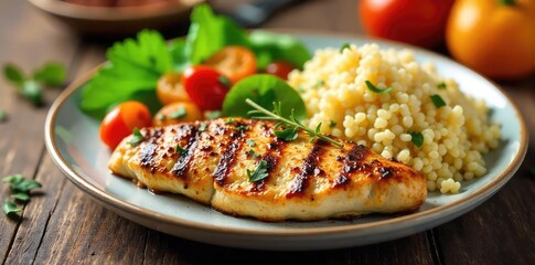 A vibrant and healthy lite dinner featuring grilled chicken breast, a colorful medley of roasted vegetables, and a side of quinoa  Perfect for a quick and nutritious meal ,  olive oil,  vitamins