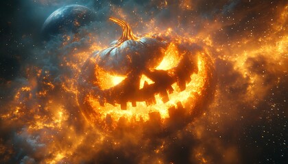 Naklejka premium Fiery Jack O Lantern Halloween Pumpkin Floating in Cosmic Nebula fire flames