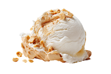 Creamy peanut‑butter‑cup chocolate ice‑cream scoop with visible swirls and candy chunks, isolated on transparent PNG background, perfect cutout element for dessert menus, digital scrapbooking