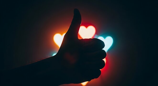 Hand giving thumbs up with glowing heart lights for social media success and positive affirmation