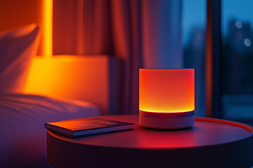 Close-up of the flashing lights on the bedside table in the bedroom.