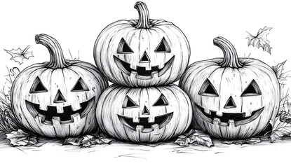 Four carved Halloween pumpkins stacked and arranged with fallen leaves jack o lantern