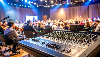 A large soundboard in the foreground, out of focus orchestra and audience in background