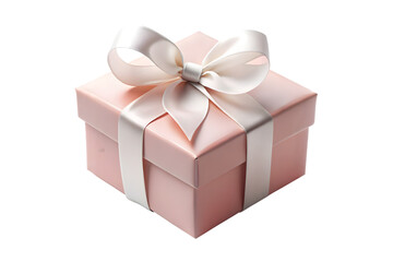 Fototapeta premium An elegant pink gift box tied with a delicate white satin ribbon and bow, presented on a clean transparent background
