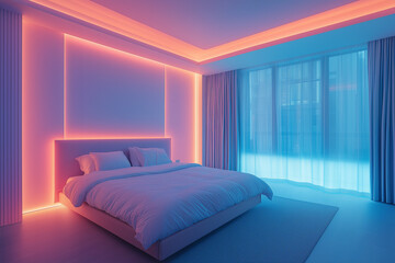 Blue-pink lights illuminate the entire interior of the bedroom.