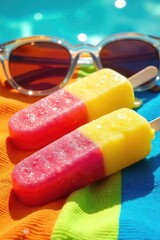 Brightly colored popsicles melting in the sun next to a vibrant beach towel and sunglasses, capturing the essence of a carefree summer day , relaxation, beach, warm