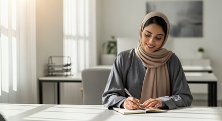 A Muslim woman in a hijab thoughtfully writes in a notebook at her desk in a bright .