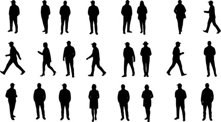 Vector silhouettes men and women, illustration. Silhouettes of young people posing in warm winter clothes. EPS version.