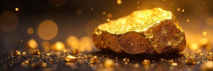 Close-up of a glittering gold nugget, reflecting light, symbolic of spiritual enlightenment and inner wealth ,  calm,  enlightenment,  treasure
