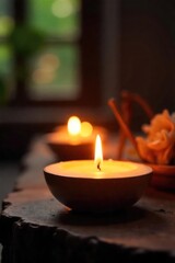 Close-up of a burning candle, soft candlelight illuminating the surrounding area, creating a warm and inviting atmosphere Perfect for relaxation, spa, and tranquility themes , still life, comfort