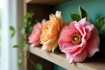 Close-up of charming handmade fabric flowers adorning a rustic wooden shelf, adding a touch of homemade elegance to a home interior , elegant, flowers