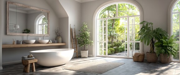 Modern Bathroom Design Luxurious Freestanding Tub Natural Light Greenery Plants spa home wood view  