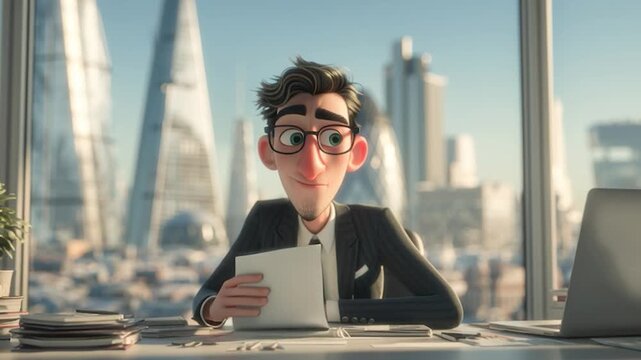 3D cartoon businessman sits at a desk in a modern office with large windows and a city skyline in the background