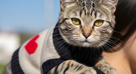 A tabby cat, wearing a cozy sweater with a heart, rests on a person's shoulder outdoors.