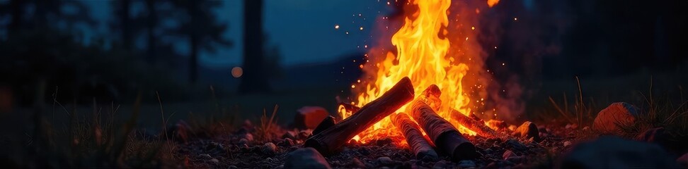 Close-up shot of a roaring bonfire at night, embers glowing brightly, smoke rising into the dark sky Perfect for illustrating warmth, energy, or the power of nature , background, mystical, heat