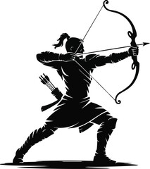 Heroic Archer Silhouette  Warrior with Bow in Dynamic Action Pose Vector