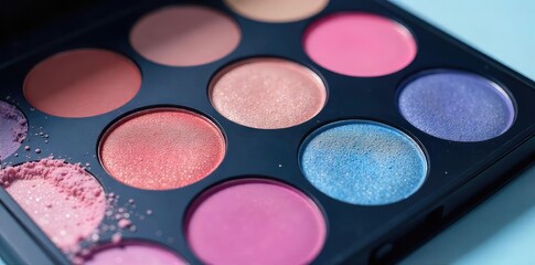 Close-up shot of a makeup palette featuring cool-toned eyeshadows, shimmering highlighters, and frosty lip glosses, perfect for a January makeup look , fresh, cool tones, winter wonderland