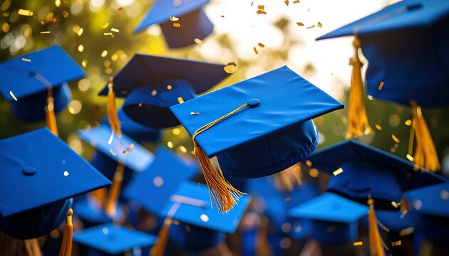 Blue graduation caps tossed in celebratory air, gold confetti falling