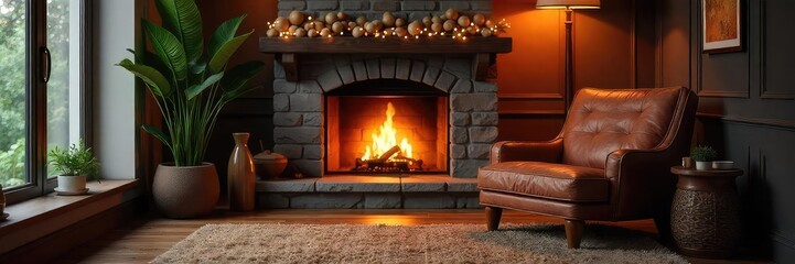 Cozy and inviting interior background featuring a fireplace, comfortable armchair, and warm lighting, perfect for relaxation and tranquility ,  pillows,  stone,  carpet