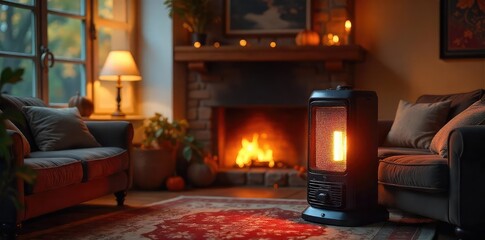 Cozy autumn scene featuring a space heater warming a living room, casting a warm glow on comfortable furniture Perfect for seasonal marketing or home comfort themes , space heater, fall decor