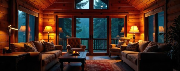 Cozy cabin interior at night, illuminated by warm lamplight casting soft shadows on wooden walls and comfortable furnishings Perfect for relaxation and a peaceful getaway , rustic, walls