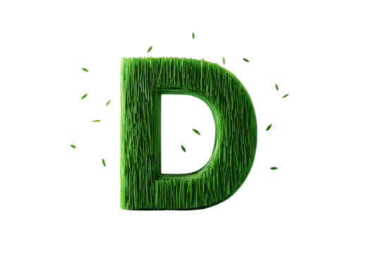 Green Grass Letter D with Falling Leaves on Transparent Background