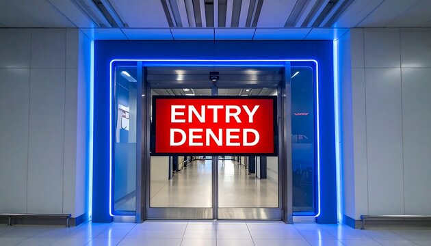 Airport entryway with a red digital sign displaying "ENTRY DENIED