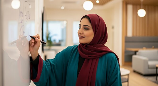A young woman in a hijab thoughtfully writes on a whiteboard during a brainstorming session in a modern .