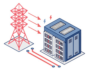 Data center infrastructure in isometric style showing essential systems: electrical power, thermal cooling units, and high-capacity servers for AI chatbot performance.