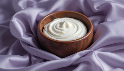 Wooden Bowl of White Cream Nestled in Silk Folds