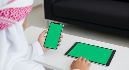 A person in traditional Middle Eastern attire uses a smartphone and tablet with green screens, sitting on a modern white table.