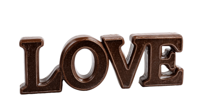Chocolate letters spelling out "LOVE," designed for Valentine s or gift themes, isolated on a Transparent background, PNG file.
