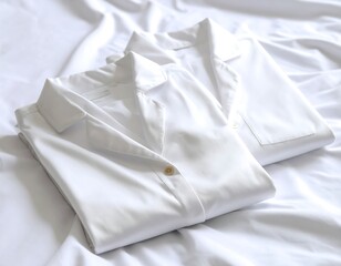 Two neatly folded white button-down shirts rest on a white bedsheet