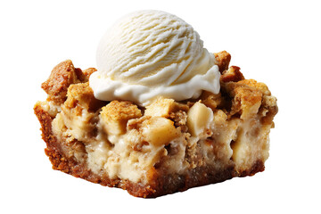 Creamy apple cobbler crunch ice cream scoop with baked apple chunks and crisp streusel topping isolated on transparent PNG background cutout for gourmet dessert menus and packaging mockups