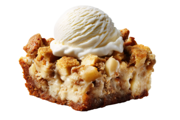Creamy apple cobbler crunch ice cream scoop with baked apple chunks and crisp streusel topping isolated on transparent PNG background cutout for gourmet dessert menus and packaging mockups