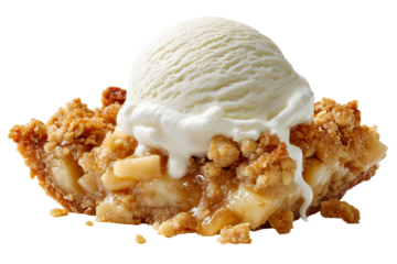 Creamy apple cobbler crunch ice cream scoop with baked apple chunks and crisp streusel topping isolated on transparent PNG background cutout for gourmet dessert menus and packaging mockups