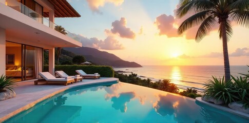 Luxury villa with private pool, sun loungers, and stunning ocean views Perfect for a relaxing getaway Enjoy breathtaking sunsets and unforgettable memories , villa, ocean view