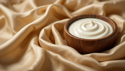 Wooden Bowl of White Cream Nestled in Silk Folds