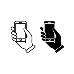 Two stylized illustrations of a hand holding a smartphone, one outlined, one filled.