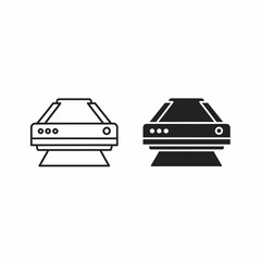 Two simple line art illustrations of a printer, one in black and white, the other in solid black.