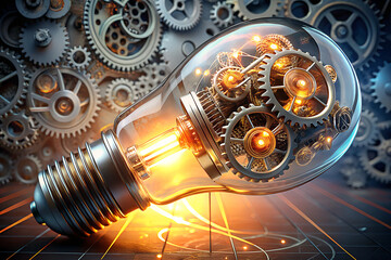 Steampunk lightbulb filled with intricate gears and mechanisms glowing with warm light surrounded by clockwork machinery