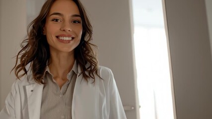 A smiling doctor or healthcare professional. Ideal for themes of healthcare, welcome, hospitality, medical consultation, and friendly service.