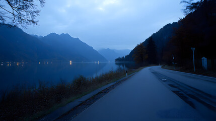 Serene Alpine Lake Reflecting Distant Lights Under a Twilight Sky with Road