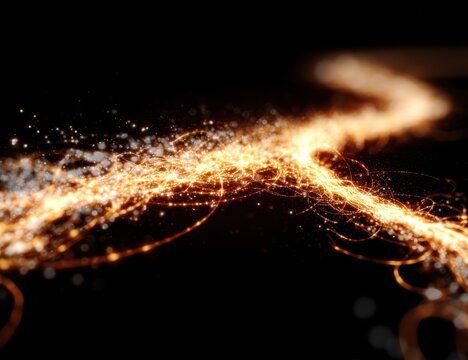 Dynamic stream of glowing, swirling lines against a dark backdrop. The bright light trails seem to flow sinuously across the image, scattering into smaller particles and points of light