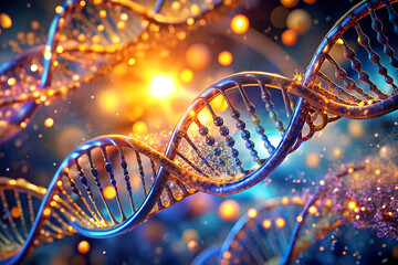 Abstract visualization of a glowing double helix dna strand with bokeh lights representing genetic code and molecular science