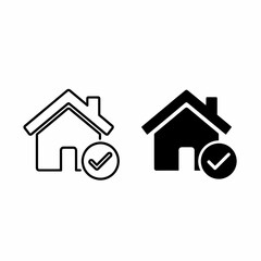 Fototapeta premium Two simple black and white house icons, one outlined and one solid, both with a check mark signifying approval or selection.